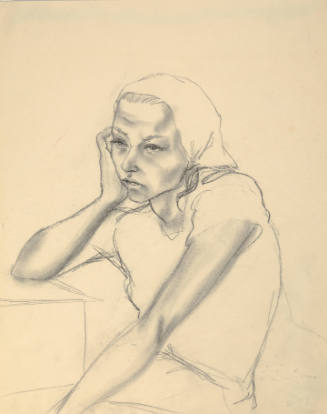 Woman with Scarf Resting Head on Hand